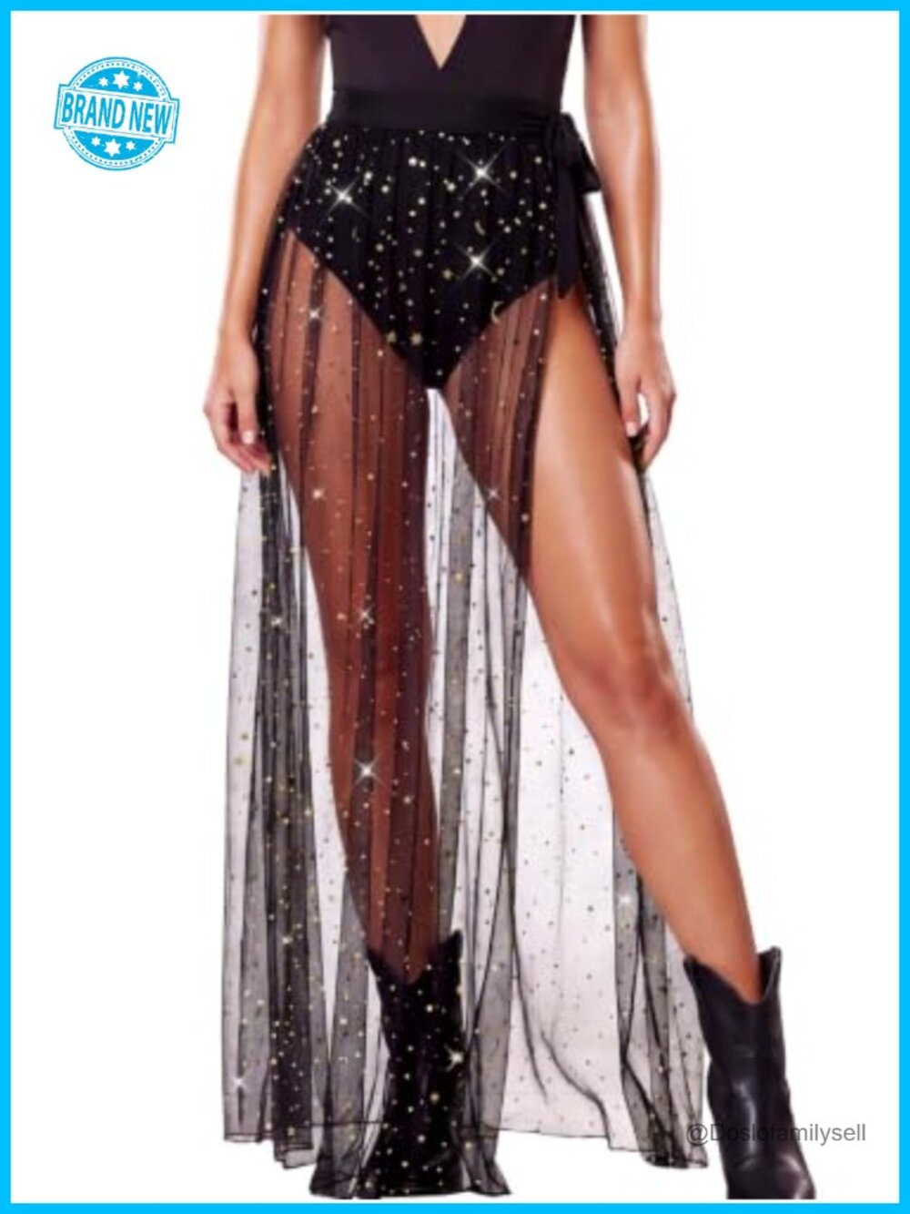 GORAIS Sheer Mesh Sequin Maxi Skirt Rave Cover Up Festival Party Skirt
